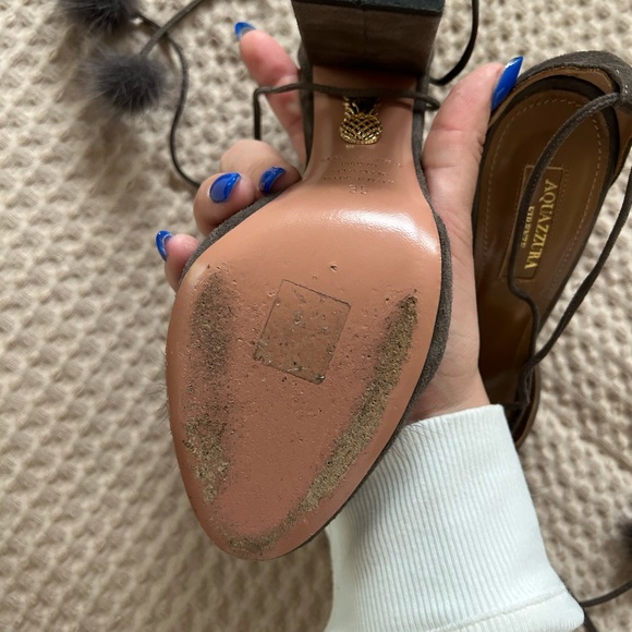 Grey Suede Aquazzura Pom Pom Block Heel Size 35 or 5 - Picture 7 of 10